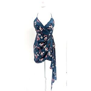 DJ-Jaz Floral Teal Satin Rouged Ruffled Padded Mini Tank Dress Prom JRs Size 3